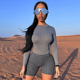 Contrast Color Tight Long Sleeved Top Short Shorts Set